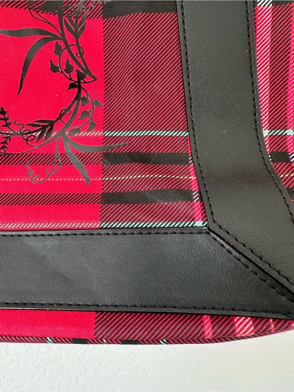 Victoria's Secret Red and Black Plaid Tote with Floral Accent